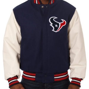 Houston Texans Two Tone Navy Wool And Leather Varsity Jacket