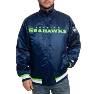 Seattle Seahawks Neon Embroidery Navy Blue Satin Varsity Jacket