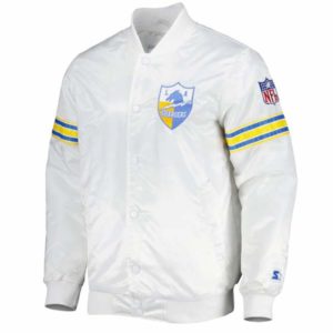 The Power Forward LA Chargers White Satin Varsity Jacket